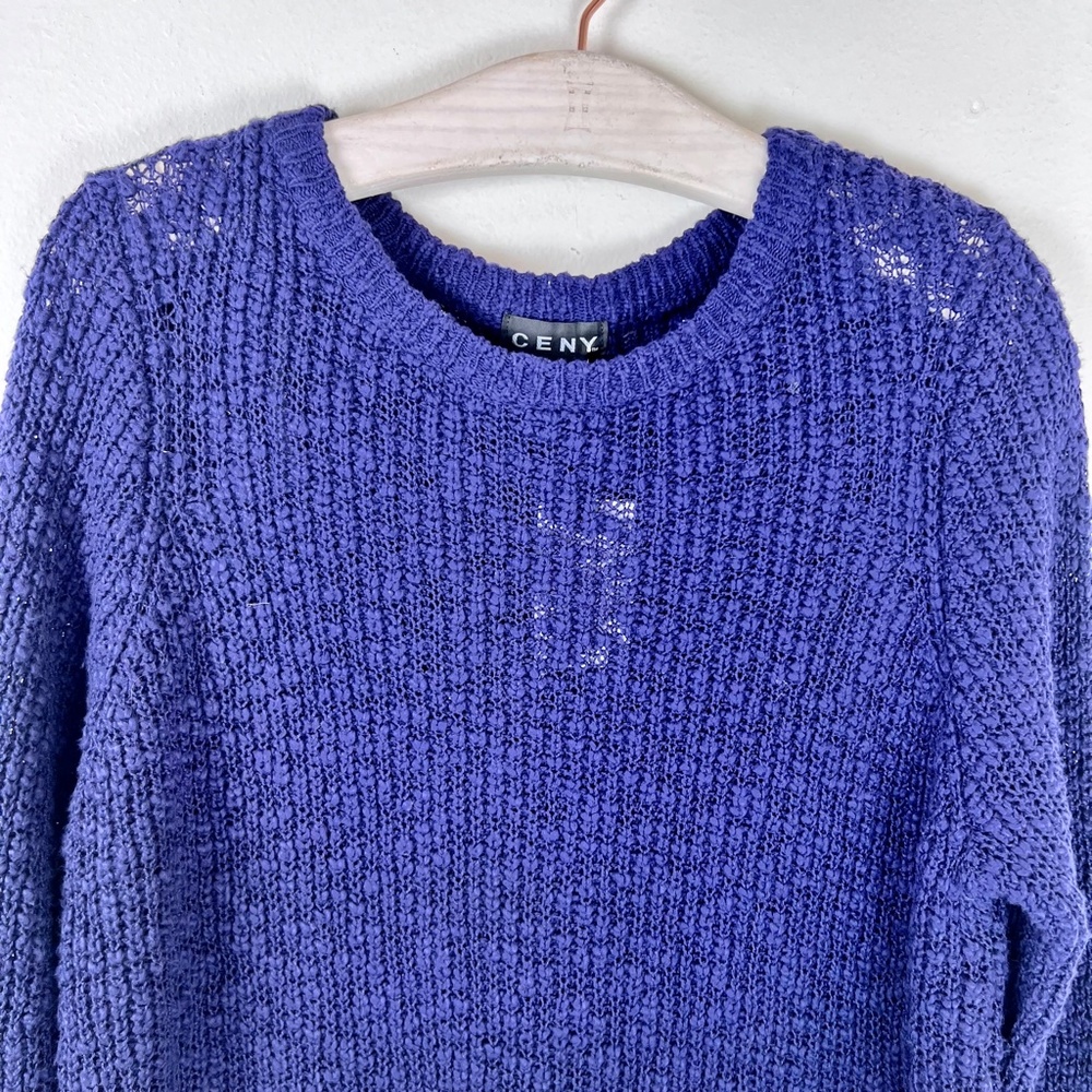 Ceny Womens Blue Open Knit Crew Neck Long Sleeve Sweater - Picture 3 of 6